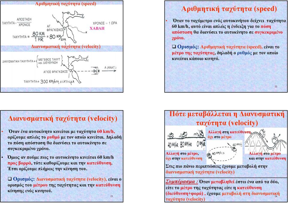 21 22 ιανυσµατική ταχύτητα (velocity) Όταν ένα αυτοκίνητο κινείται µε ταχύτητα 6 km/h, ορίζουµε απλώς το ρυθµό µε τον οποίο κινείται.