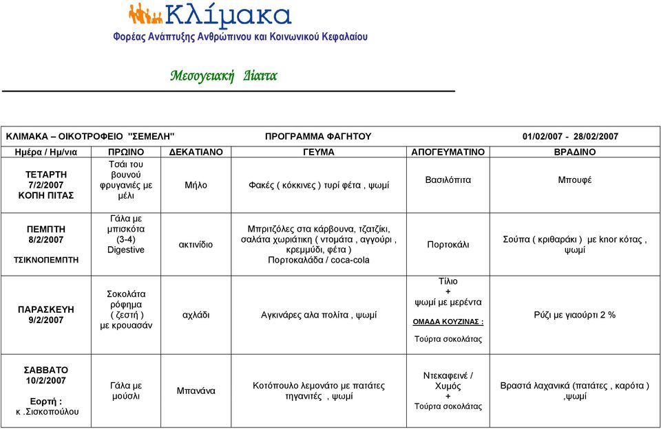 Πορτοκαλάδα / coca-cola Πορτοκάλι Σούπα ( κριθαράκι ) με knor κότας, ΠΑΡΑΣΚΕΥΗ 9/2/2007 Σοκολάτα ρόφημα ( ζεστή ) με κρουασάν αχλάδι Αγκινάρες αλα πολίτα, Τίλιο με μερέντα ΟΜΑΔΑ ΚΟΥΖΙΝΑΣ : Ρύζι με
