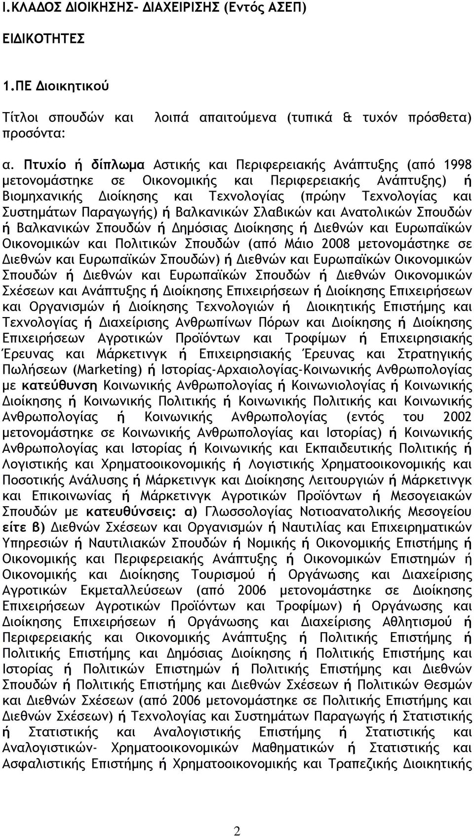 Παραγωγής) ή Βαλκανικών Σλαβικών και Ανατολικών Σπουδών ή Βαλκανικών Σπουδών ή Δημόσιας Διοίκησης ή Διεθνών και Ευρωπαϊκών Οικονομικών και Πολιτικών Σπουδών (από Μάιο 2008 μετονομάστηκε σε Διεθνών