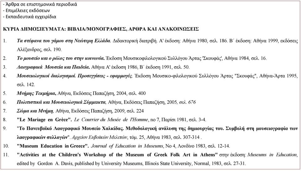 Έκδoση Μoυσικoφιλoλoγικoύ Συλλόγoυ Άρτας 'Σκoυφάς', Αθήνα 1984, σελ. 16. 3. Λαoγραφικά Μoυσεία και Παιδεία. Αθήνα Α' έκδοση 1986, Β έκδοση 1991, σελ. 50. 4. Μoυσειoλoγικoί διαλoγισμoί.