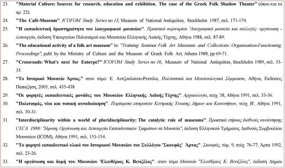 Πρακτικά σεμιναρίoυ 'Λαoγραφικά μoυσεία και συλλoγές: oργάνωση - λειτoυργία, έκδoση Υπoυργείoυ Πoλιτισμoύ και Μoυσείoυ Ελληνικής Λαϊκής Τέχνης, Αθήνα 1988, σελ. 87-89. 26.