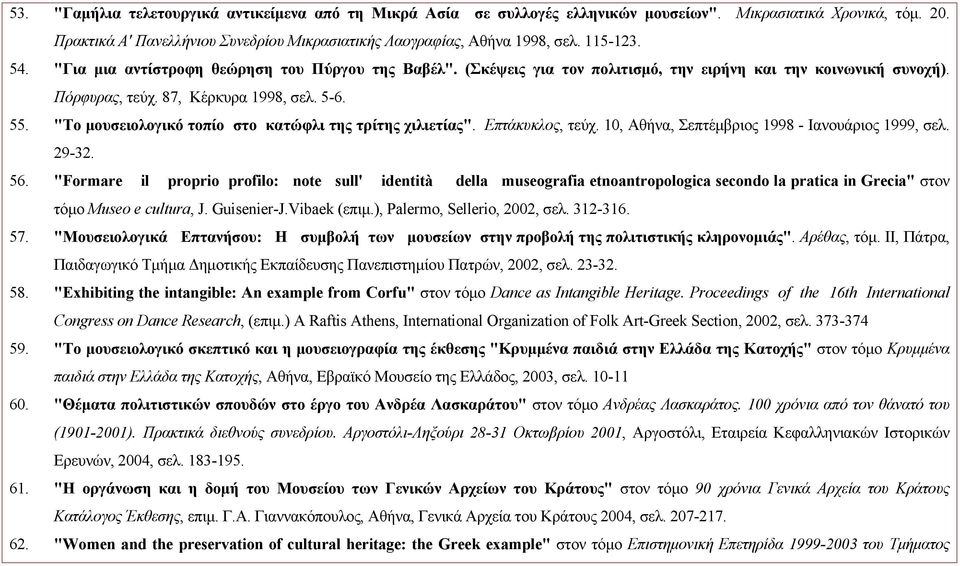 "Το μουσειολογικό τοπίο στο κατώφλι της τρίτης χιλιετίας". Επτάκυκλος, τεύχ. 10, Αθήνα, Σεπτέμβριος 1998 - Ιανουάριος 1999, σελ. 29-32. 56.