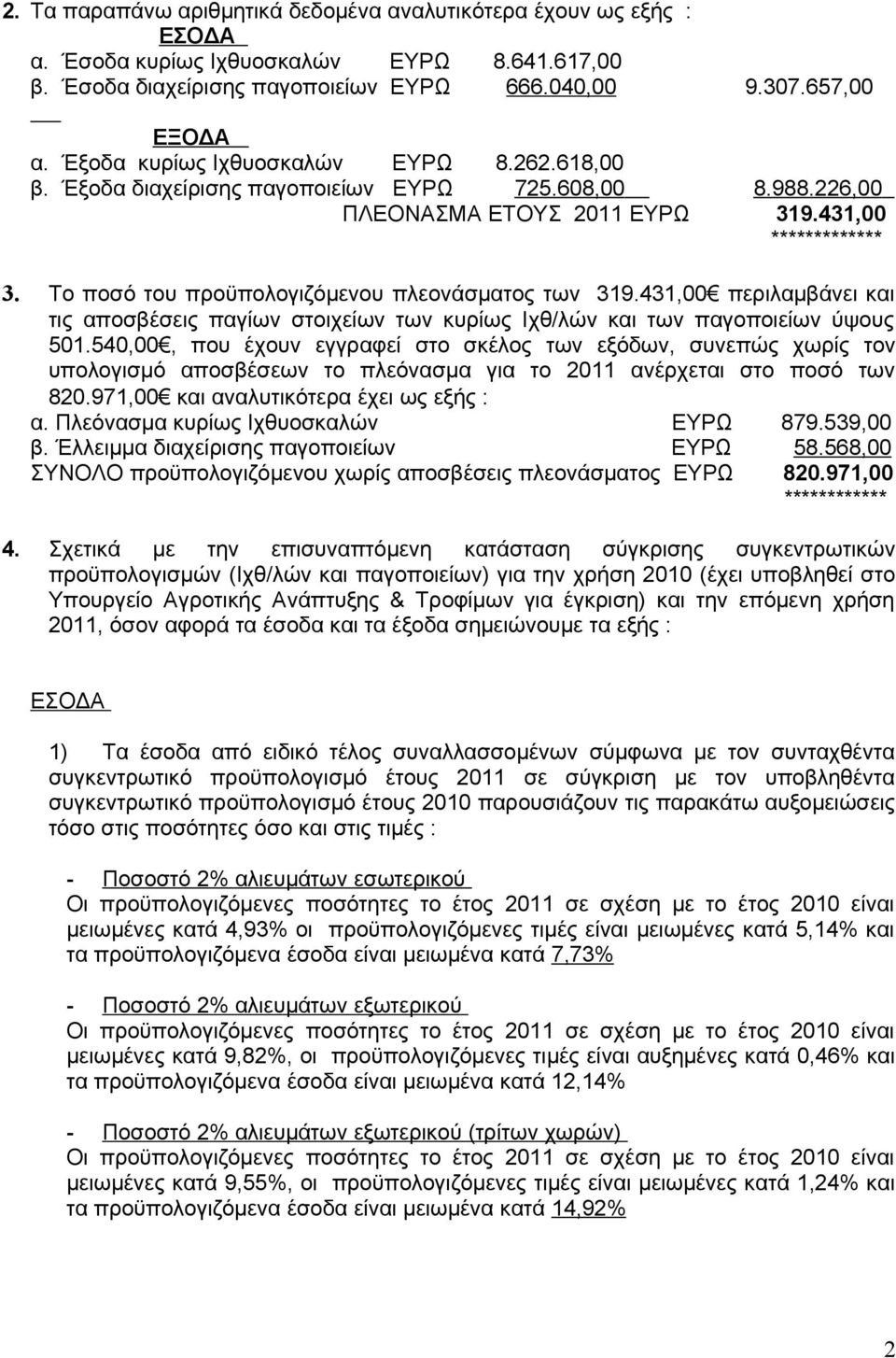 Το ποσό του προϋπολογιζόμενου πλεονάσματος των 319.431,00 περιλαμβάνει και τις αποσβέσεις παγίων στοιχείων των κυρίως Ιχθ/λών και των παγοποιείων ύψους 501.