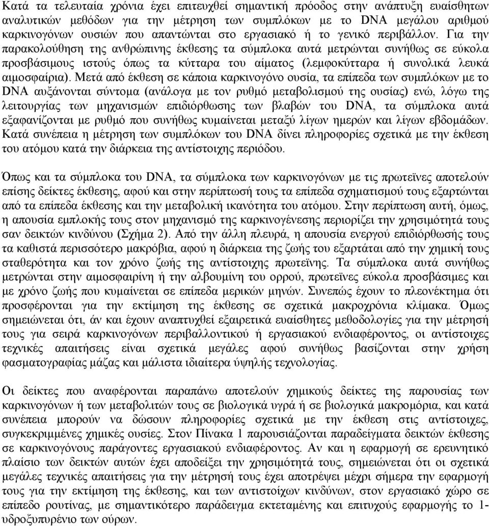 Για την παρακολούθηση της ανθρώπινης έκθεσης τα σύµπλοκα αυτά µετρώνται συνήθως σε εύκολα προσβάσιµους ιστούς όπως τα κύτταρα του αίµατος (λεµφοκύτταρα ή συνολικά λευκά αιµοσφαίρια).