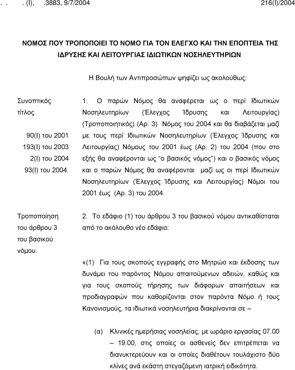 3) Νόμος του 2004 και θα διαβάζεται μαζί με τους περί Ιδιωτικών Νοσηλευτηρίων (Έλεγχος Ίδρυσης και Λειτουργίας) Νόμους του 2001 έως (Αρ.