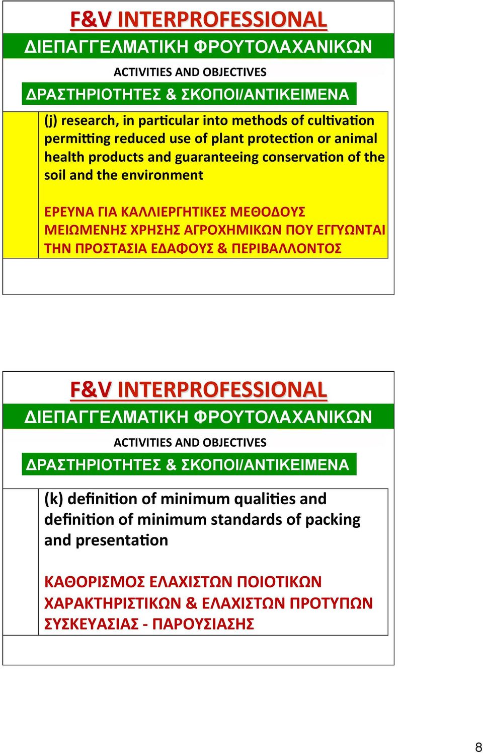 ΑΓΡΟΧΗΜΙΚΩΝ ΠΟΥ ΕΓΓΥΩΝΤΑΙ ΤΗΝ ΠΡΟΣΤΑΣΙΑ ΕΔΑΦΟΥΣ & ΠΕΡΙΒΑΛΛΟΝΤΟΣ F&V INTERPROFESSIONAL ΔΙΕΠΑΓΓΕΛΜΑΤΙΚΗ ΦΡΟΥΤΟΛΑΧΑΝΙΚΩΝ ACTIVITIES AND OBJECTIVES ΔΡΑΣΤΗΡΙΟΤΗΤΕΣ & ΣΚΟΠΟΙ/ΑΝΤΙΚΕΙΜΕΝΑ