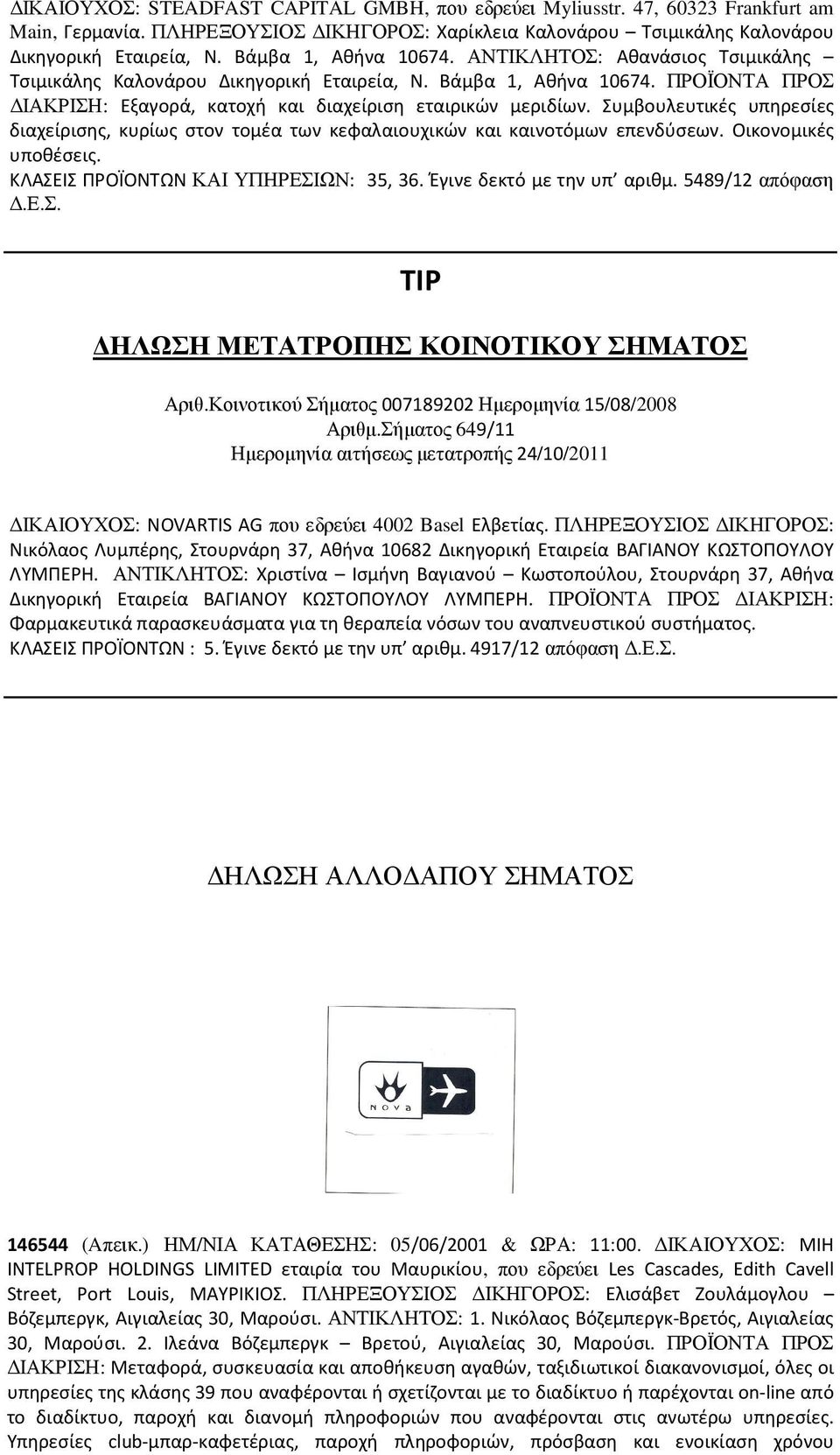 Συμβουλευτικές υπηρεσίες διαχείρισης, κυρίως στον τομέα των κεφαλαιουχικών και καινοτόμων επενδύσεων. Οικονομικές υποθέσεις. ΚΛΑΣΕΙΣ ΠΡΟΪΟΝΤΩΝ ΚΑΙ ΥΠΗΡΕΣΙΩΝ: 35, 36. Έγινε δεκτό µε την υπ αριθµ.