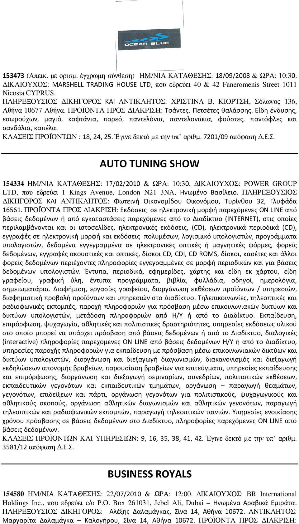 Είδη ένδυσης, εσωρούχων, μαγιό, καφτάνια, παρεό, παντελόνια, παντελονάκια, φούστες, παντόφλες και σανδάλια, καπέλα. ΚΛΑΣΕΙΣ ΠΡΟΪΟΝΤΩΝ : 18, 24, 25. Έγινε δεκτό µε την υπ αριθμ. 7201/09 απόφαση.ε.σ. ΑUTO TUNING SHOW 154334 ΗΜ/ΝΙΑ ΚΑΤΑΘΕΣΗΣ: 17/02/2010 & ΩΡΑ: 10:30.