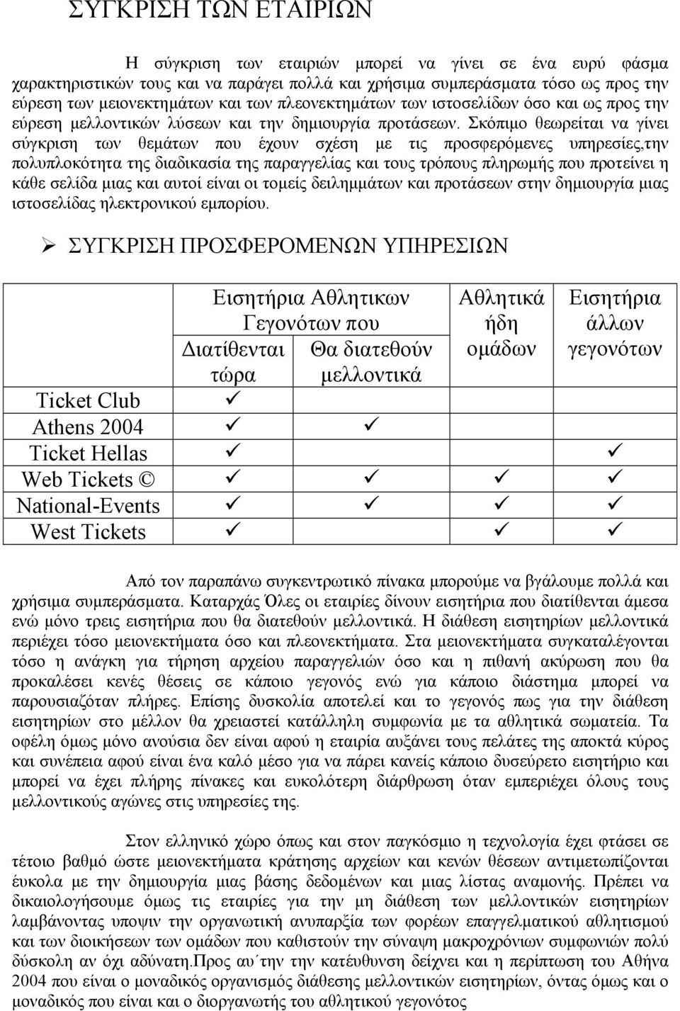 Σκόπιµο θεωρείται να γίνει σύγκριση των θεµάτων που έχουν σχέση µε τις προσφερόµενες υπηρεσίες,την πολυπλοκότητα της διαδικασία της παραγγελίας και τους τρόπους πληρωµής που προτείνει η κάθε σελίδα