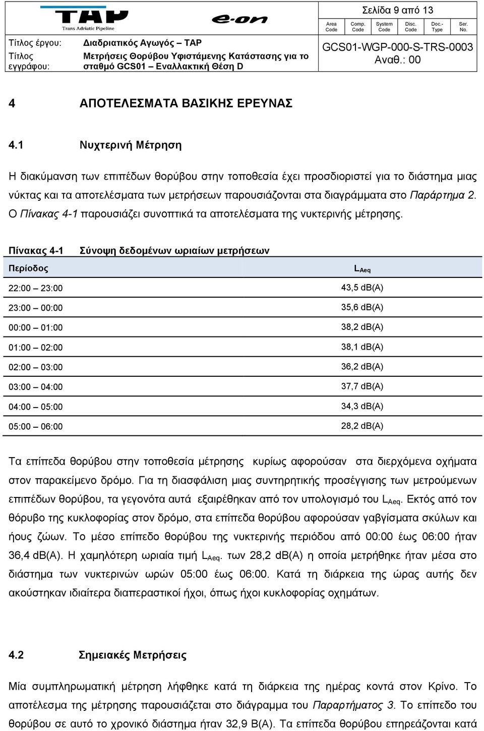 Ο Πίνακας 4-1 παρουσιάζει συνοπτικά τα αποτελέσματα της νυκτερινής μέτρησης.