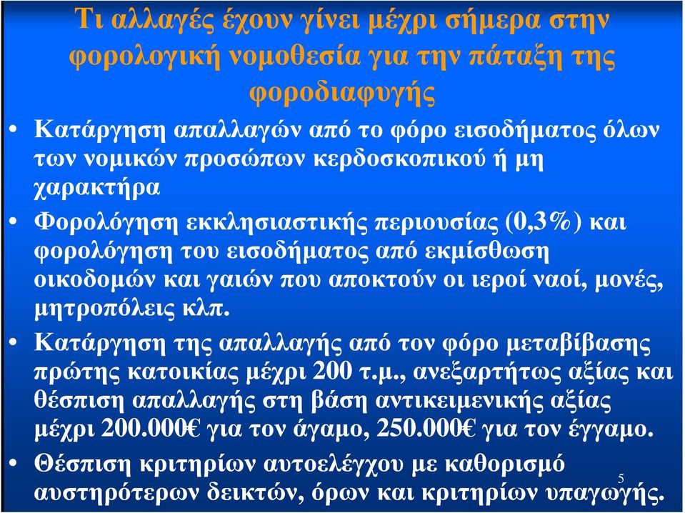 ναοί, µονές, µητροπόλεις κλπ. Κατάργηση της απαλλαγής από τον φόρο µεταβίβασης πρώτης κατοικίας µέχρι 200 τ.µ., ανεξαρτήτως αξίας και θέσπιση απαλλαγής στη βάση αντικειµενικής αξίας µέχρι 200.