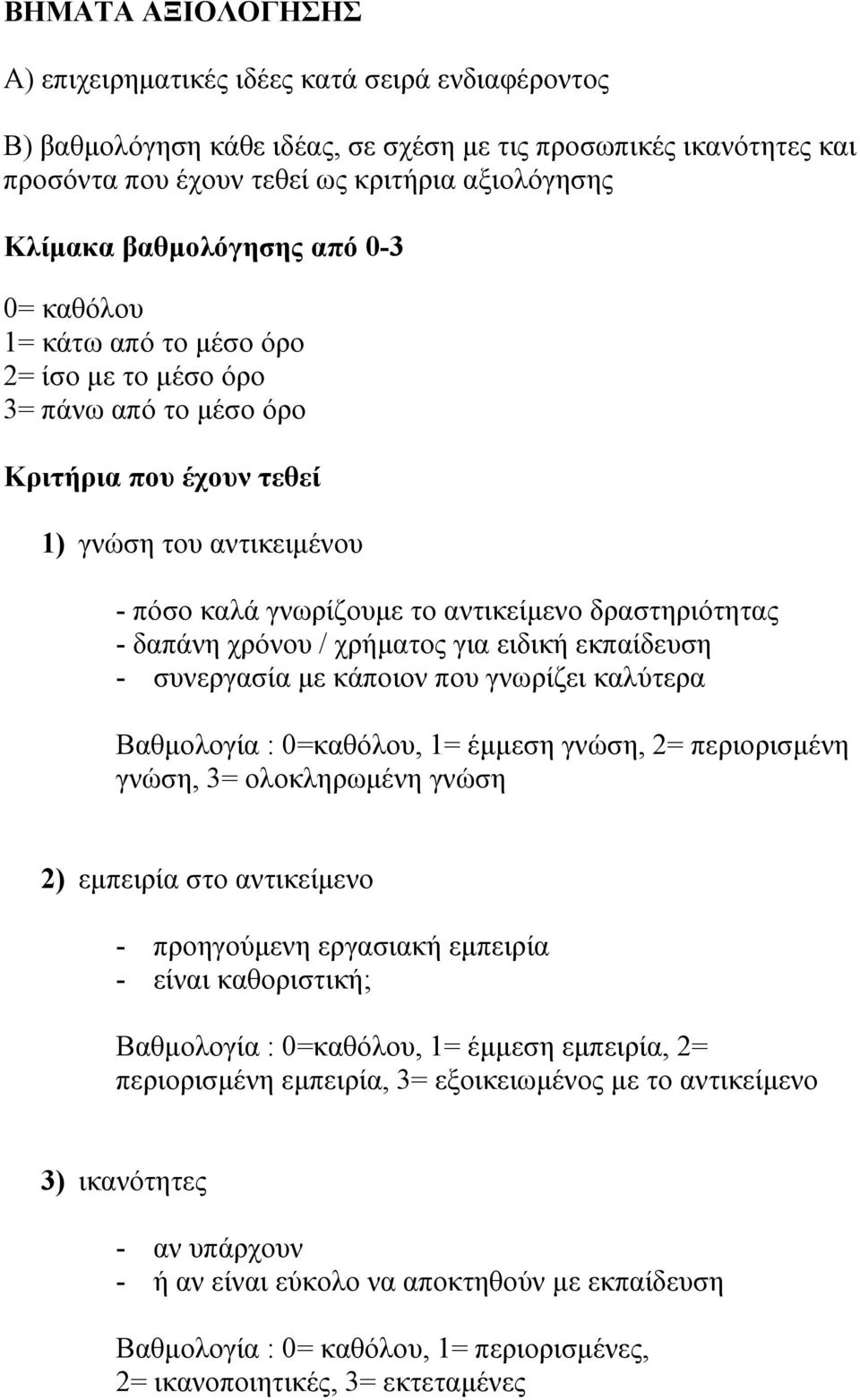 δραστηριότητας - δαπάνη χρόνου / χρήματος για ειδική εκπαίδευση - συνεργασία με κάποιον που γνωρίζει καλύτερα Βαθμολογία : 0=καθόλου, 1= έμμεση γνώση, 2= περιορισμένη γνώση, 3= ολοκληρωμένη γνώση 2)
