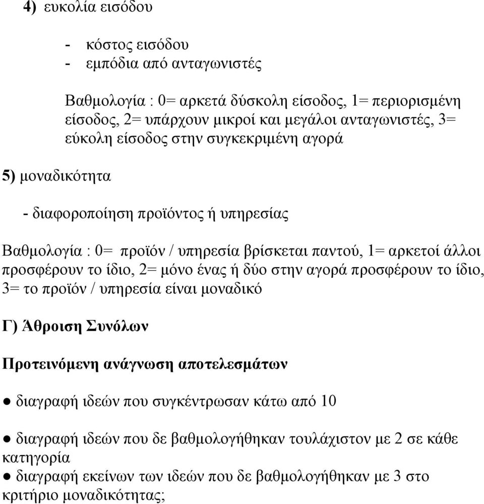 το ίδιο, 2= μόνο ένας ή δύο στην αγορά προσφέρουν το ίδιο, 3= το προϊόν / υπηρεσία είναι μοναδικό Γ) Άθροιση Συνόλων Προτεινόμενη ανάγνωση αποτελεσμάτων διαγραφή ιδεών που
