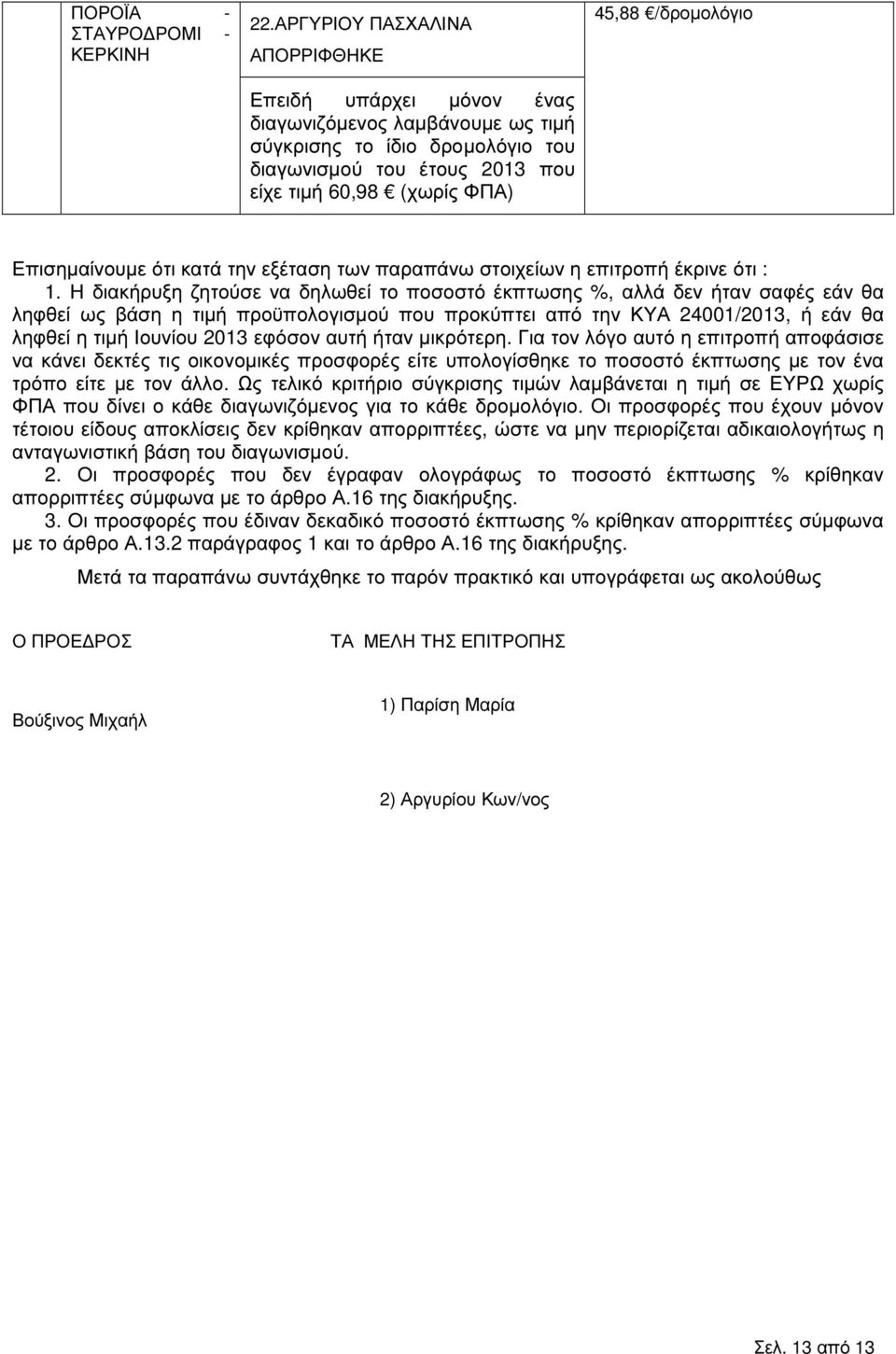 αυτή ήταν µικρότερη. Για τον λόγο αυτό η επιτροπή αποφάσισε να κάνει δεκτές τις οικονοµικές προσφορές είτε υπολογίσθηκε το ποσοστό έκπτωσης µε τον ένα τρόπο είτε µε τον άλλο.