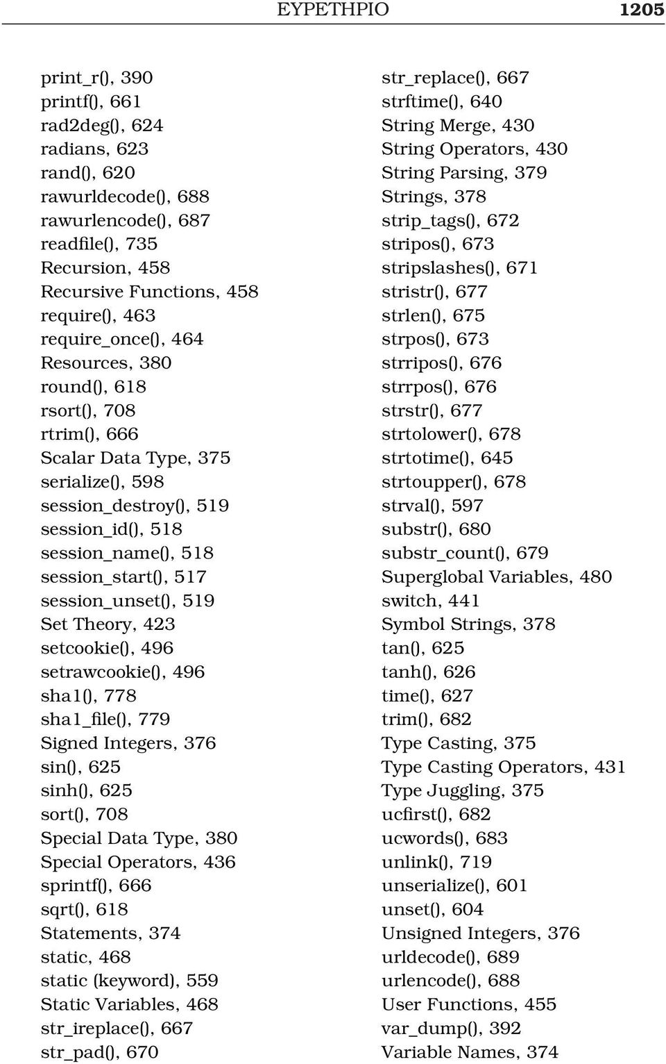 session_unset(), 519 Set Theory, 423 setcookie(), 496 setrawcookie(), 496 sha1(), 778 sha1_file(), 779 Signed Integers, 376 sin(), 625 sinh(), 625 sort(), 708 Special Data Type, 380 Special