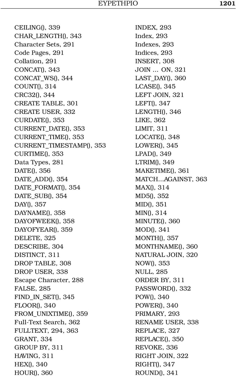 DAYOFWEEK(), 358 DAYOFYEAR(), 359 DELETE, 325 DESCRIBE, 304 DISTINCT, 311 DROP TABLE, 308 DROP USER, 338 Escape Character, 288 FALSE, 285 FIND_IN_SET(), 345 FLOOR(), 340 FROM_UNIXTIME(), 359