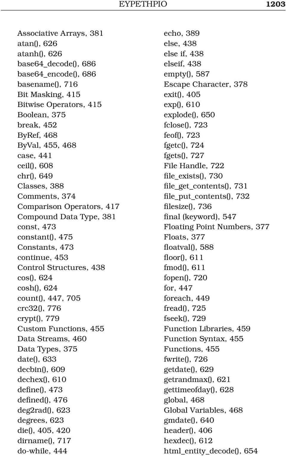 Structures, 438 cos(), 624 cosh(), 624 count(), 447, 705 crc32(), 776 crypt(), 779 Custom Functions, 455 Data Streams, 460 Data Types, 375 date(), 633 decbin(), 609 dechex(), 610 define(), 473