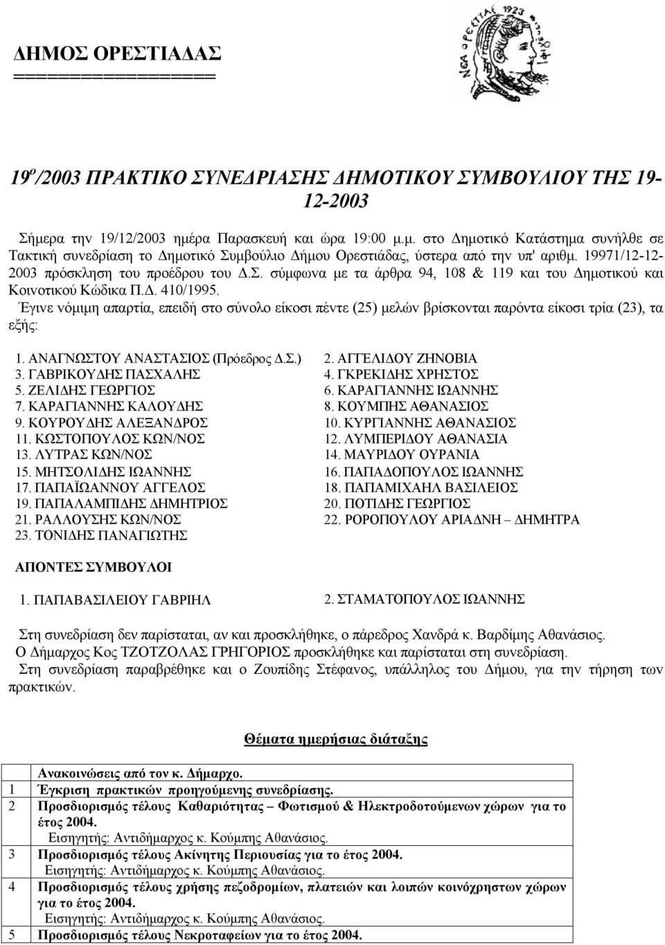 19971/12-12- 2003 πρόσκληση τoυ πρoέδρου τoυ Δ.Σ. σύμφωvα με τα άρθρα 94, 108 & 119 και τoυ Δημoτικoύ και Κoιvoτικoύ Κώδικα Π.Δ. 410/1995.