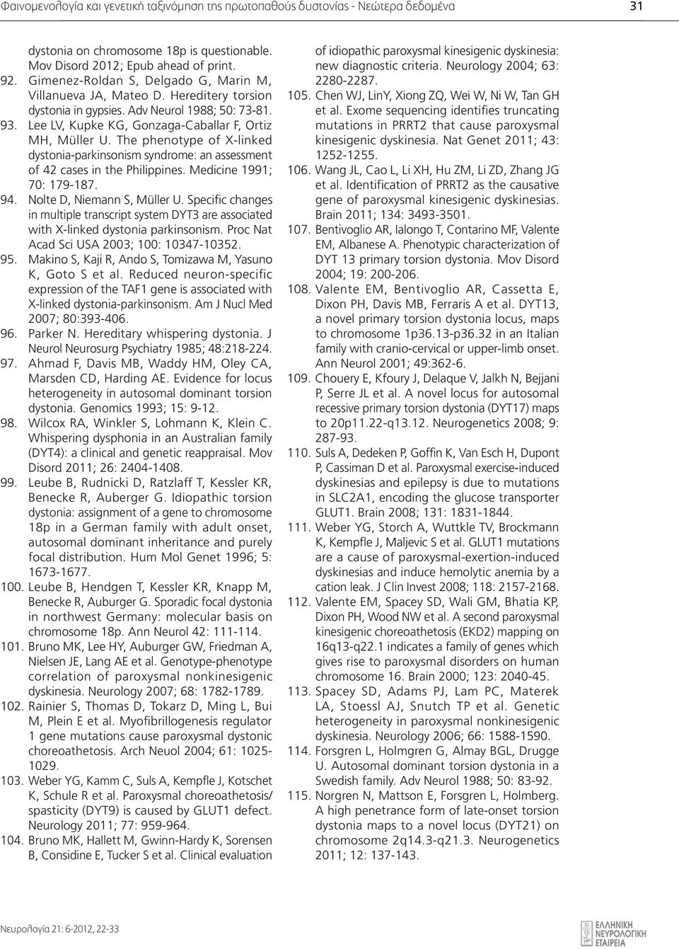 The phenotype of X-linked dystonia-parkinsonism syndrome: an assessment of 42 cases in the Philippines. Medicine 1991; 70: 179-187. 94. Nolte D, Niemann S, Müller U.