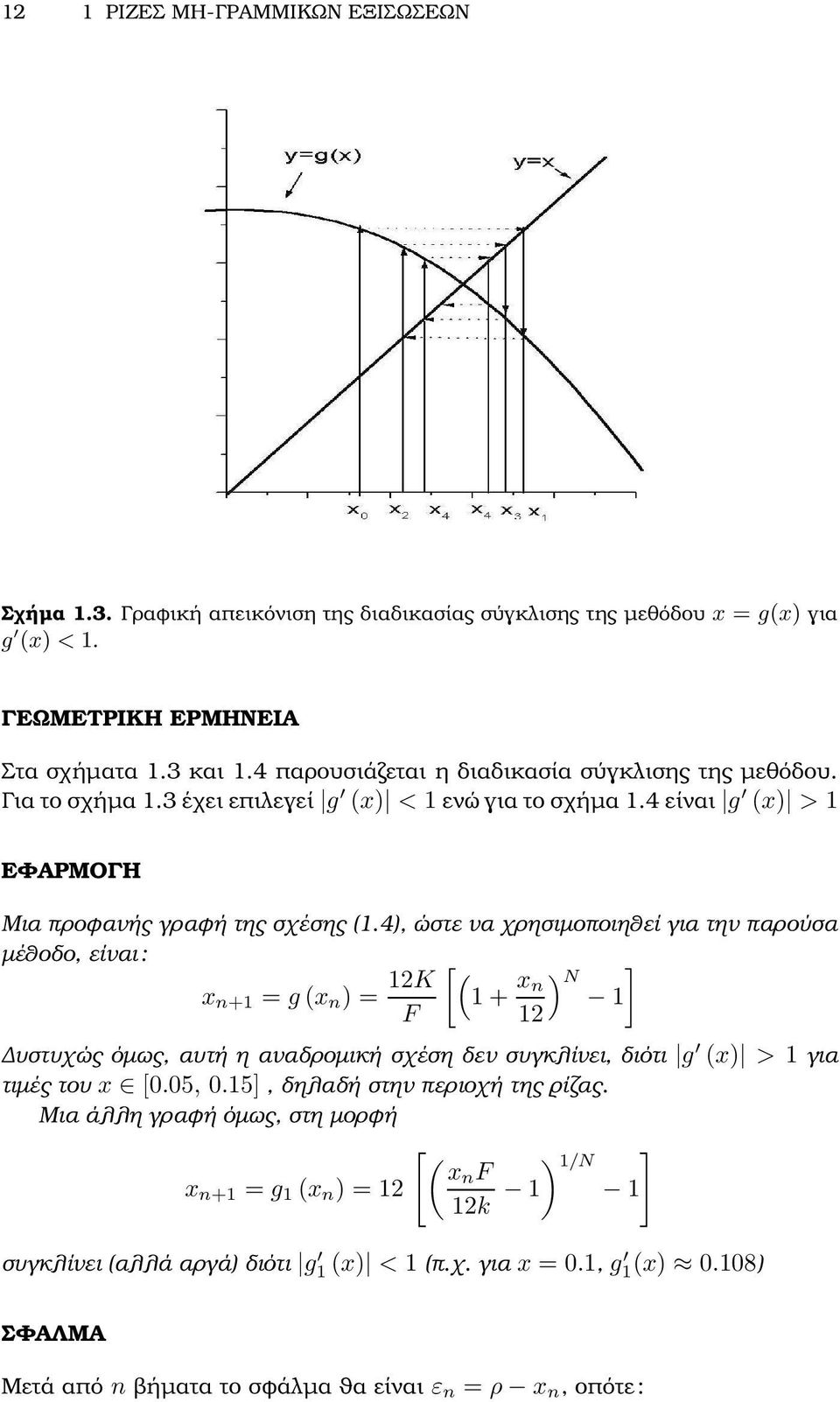 4), ώστε να χρησιµοποιηθεί για την παρούσα µέθοδο, είναι: x n+1 = g (x n ) = 12K [ ( 1 + x ) ] N n 1 F 12 υστυχώς όµως, αυτή η αναδροµική σχέση δεν συγκλίνει, διότι g (x) > 1 για τιµές του x [0.