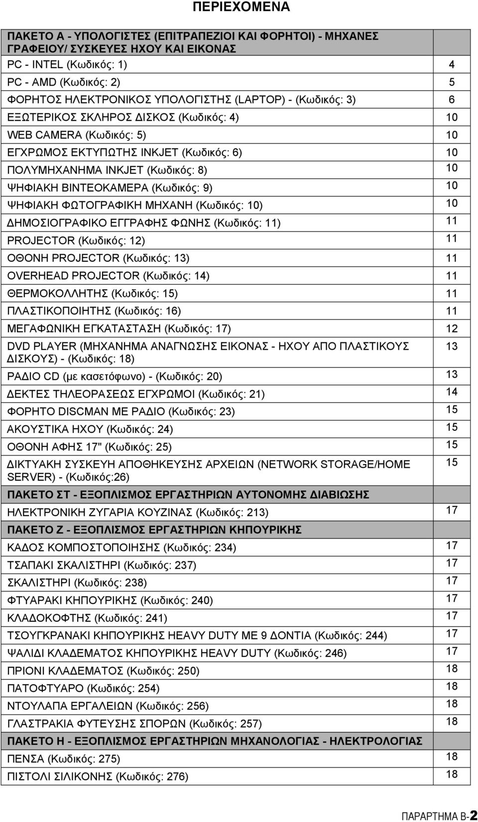 ΨΗΦΙΑΚΗ Φ,ΤΟΓΡΑΦΙΚΗ ΜΗΧΑΝΗ (Κωδικός: 10) 10 -ΗΜΟΣΙΟΓΡΑΦΙΚΟ ΕΓΓΡΑΦΗΣ Φ,ΝΗΣ (Κωδικός: 11) 11 PROJECTOR (Κωδικός: 12) 11 ΟΘΟΝΗ PROJECTOR (Κωδικός: 13) 11 ΟVERHEAD PROJECTOR (Κωδικός: 14) 11