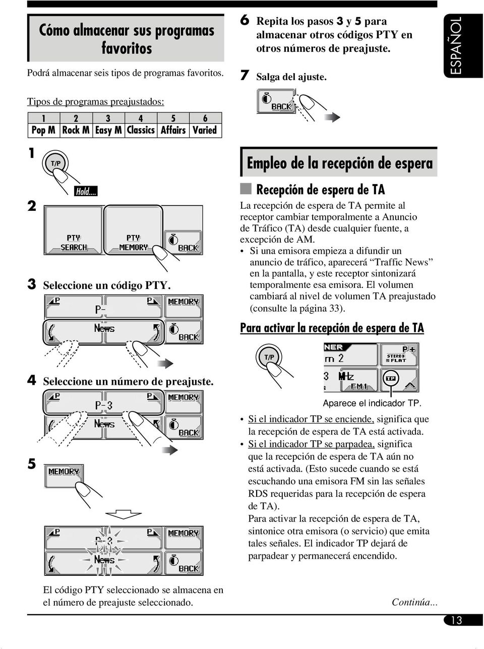 Empleo de la recepción de espera Recepción de espera de TA La recepción de espera de TA permite al receptor cambiar temporalmente a Anuncio de Tráfico (TA) desde cualquier fuente, a excepción de AM.