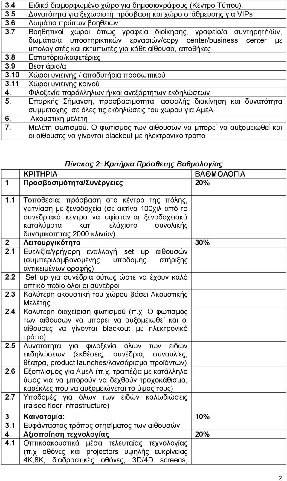 8 Εστιατόρια/καφετέριες 3.9 Βεστιάριο/α 3.10 Χώροι υγιεινής / αποδυτήρια προσωπικού 3.11 Χώροι υγιεινής κοινού 4. Φιλοξενία παράλληλων ή/και ανεξάρτητων εκδηλώσεων 5.