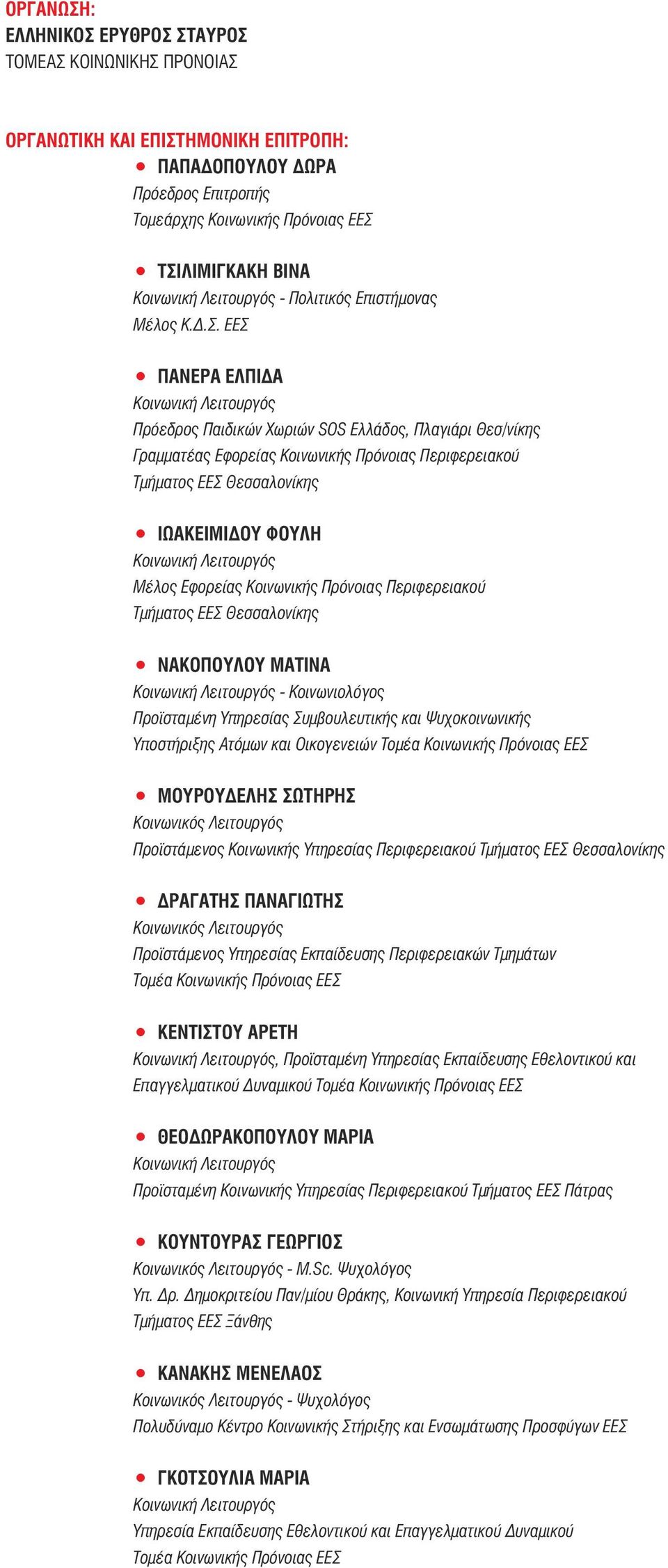 ΕΕΣ ΠΑΝΕΡΑ ΕΛΠΙΔΑ Πρόεδρος Παιδικών Χωριών SOS Ελλάδος, Πλαγιάρι Θεσ/νίκης Γραμματέας Εφορείας Κοινωνικής Πρόνοιας Περιφερειακού Τμήματος ΕΕΣ Θεσσαλονίκης ΙΩΑΚΕΙΜΙΔΟΥ ΦΟΥΛΗ Μέλος Εφορείας Κοινωνικής