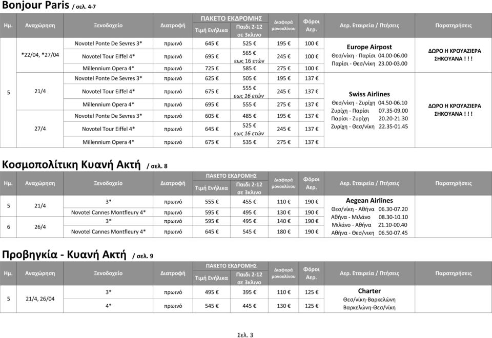 Eiffel * 67 εωσ 16 ετών 2 137 Millennium Opera * 69 27 137 Novotel Ponte De Sevres 3* 60 8 19 137 Novotel Tour Eiffel * 6 2 εωσ 16 ετών 2 137 Millennium Opera * 67 3 27 137 Europe Airpost Θες/νίκθ -