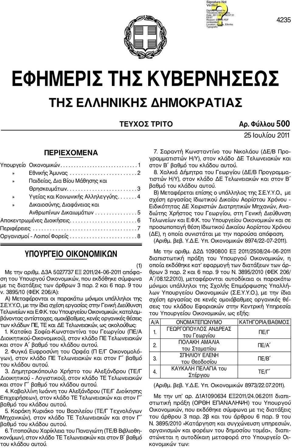 .............. 5 Αποκεντρωμένες Διοικήσεις........................ 6 Περιφέρειες..................................... 7 Οργανισμοί Λοιποί Φορείς........................ 8 ΥΠΟΥΡΓΕΙΟ ΟΙΚΟΝΟΜΙΚΩΝ (1) Με την αριθμ.