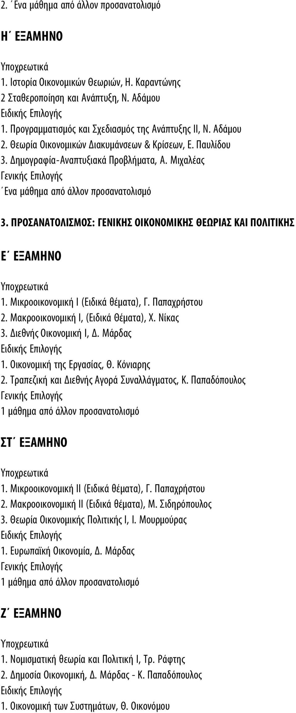 ΠΡΟΣΑΝΑΤΟΛΙΣΜΟΣ: ΓΕΝΙΚΗΣ ΟΙΚΟΝΟΜΙΚΗΣ ΘΕΩΡΙΑΣ ΚΑΙ ΠΟΛΙΤΙΚΗΣ Ε ΕΞΑΜΗΝΟ 1. Μικροοικονομική Ι (Ειδικά θέματα), Γ. Παπαχρήστου 2. Μακροοικονομική Ι, (Ειδικά Θέματα), Χ. Νίκας 3. Διεθνής Οικονομική Ι, Δ.