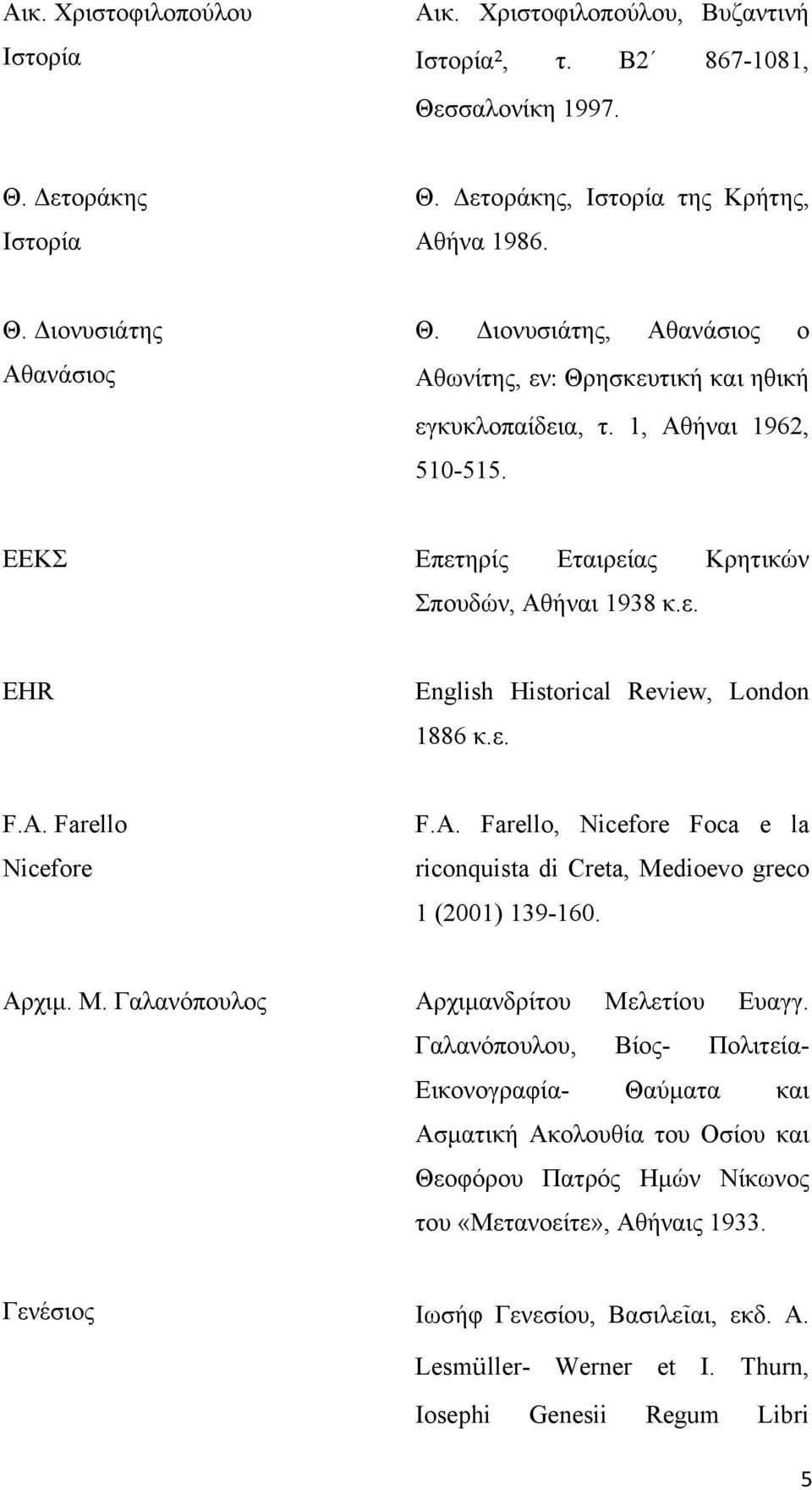 ε. F.A. Farello Nicefore F.A. Farello, Nicefore Foca e la riconquista di Creta, Medioevo greco 1 (2001) 139-160. Αρχιμ. Μ. Γαλανόπουλος Αρχιμανδρίτου Μελετίου Ευαγγ.