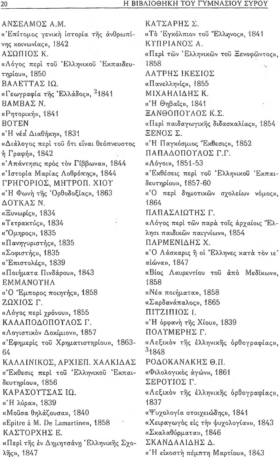 «Ρητορική», 1841 ΒΟΤΕΝ «Ή νέα Διαθήκη», 1831 «Διάλογος περί του οτι είναι θεόπνευστος ή Γραφή», 1842 «Άπάντησις πρός τον Γίββωνα», 1844 «Ιστορία Μαρίας Λοθρόπης», '1844 ΓΡΗΓΟΡΙΟΣ, ΜΗΤΡΟΠ.