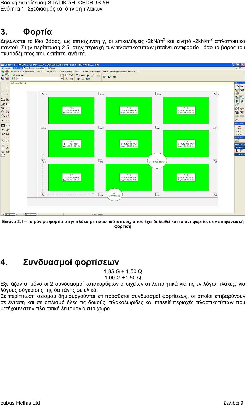 1 τα μόνιμα φορτία στην πλάκα με πλαστικότυπους, όπου έχει δηλωθεί και το αντιφορτίο, σαν επιφανειακή φόρτιση 4. Συνδυασμοί φορτίσεων 1.35 G + 1.50 Q 1.00 G +1.