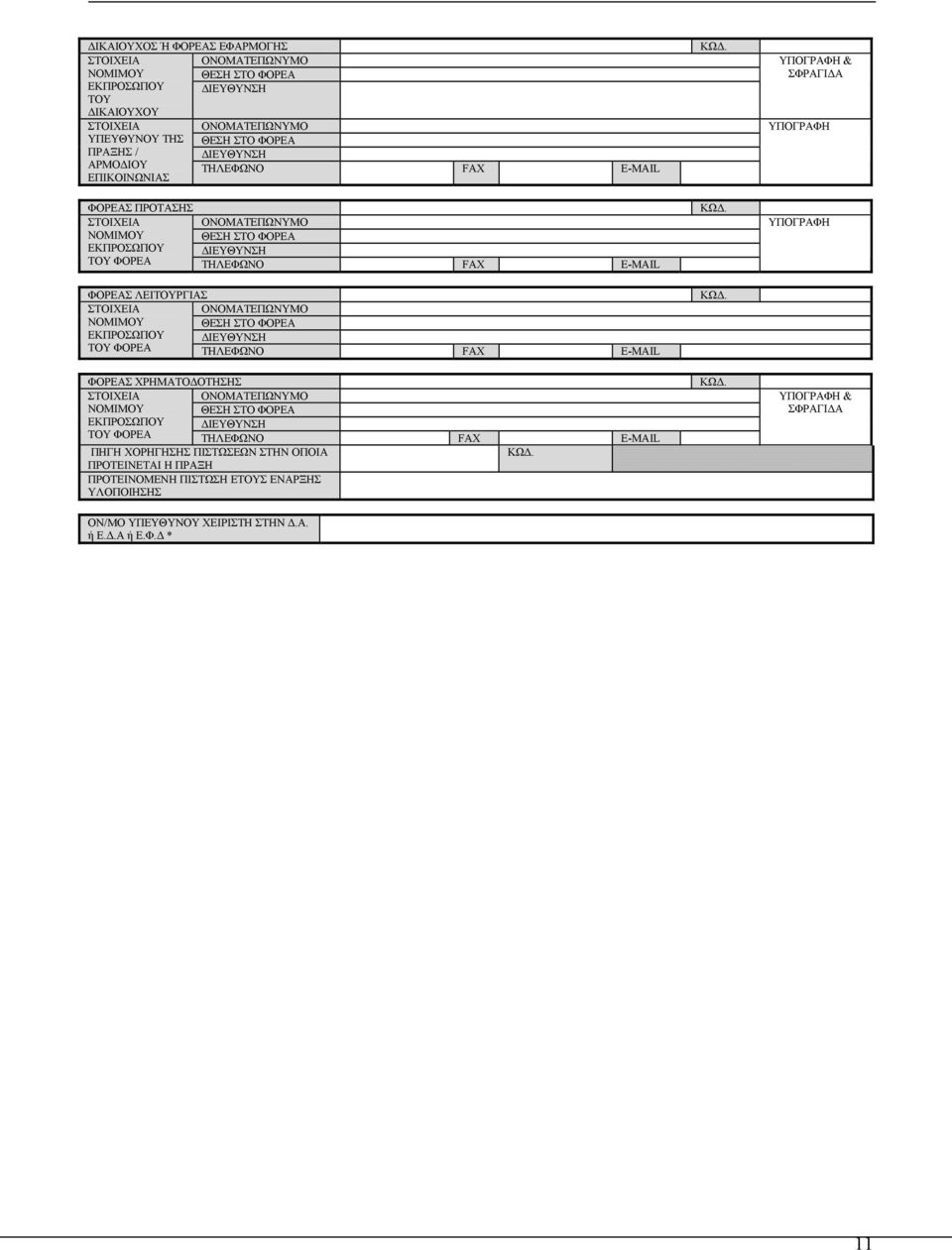 ΚΩ. ΥΠΟΓΡΑΦΗ & ΣΦΡΑΓΙ Α ΥΠΟΓΡΑΦΗ ΥΠΟΓΡΑΦΗ ΦΟΡΕΑΣ ΛΕΙΤΟΥΡΓΙΑΣ ΣΤΟΙΧΕΙΑ ΟΝΟΜΑΤΕΠΩΝΥΜΟ ΝΟΜΙΜΟΥ ΘΕΣΗ ΣΤΟ ΦΟΡΕΑ ΕΚΠΡΟΣΩΠΟΥ ΙΕΥΘΥΝΣΗ ΤΟΥ ΦΟΡΕΑ ΤΗΛΕΦΩΝΟ FAX E-MAIL ΚΩ.