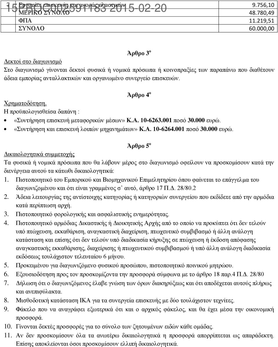 Άρθρο 4 ο Χρηματοδότηση. Η προϋπολογισθείσα δαπάνη : «Συντήρηση επισκευή μεταφορικών μέσων» Κ.Α. 10-6263.001 ποσό 30.000 ευρώ.