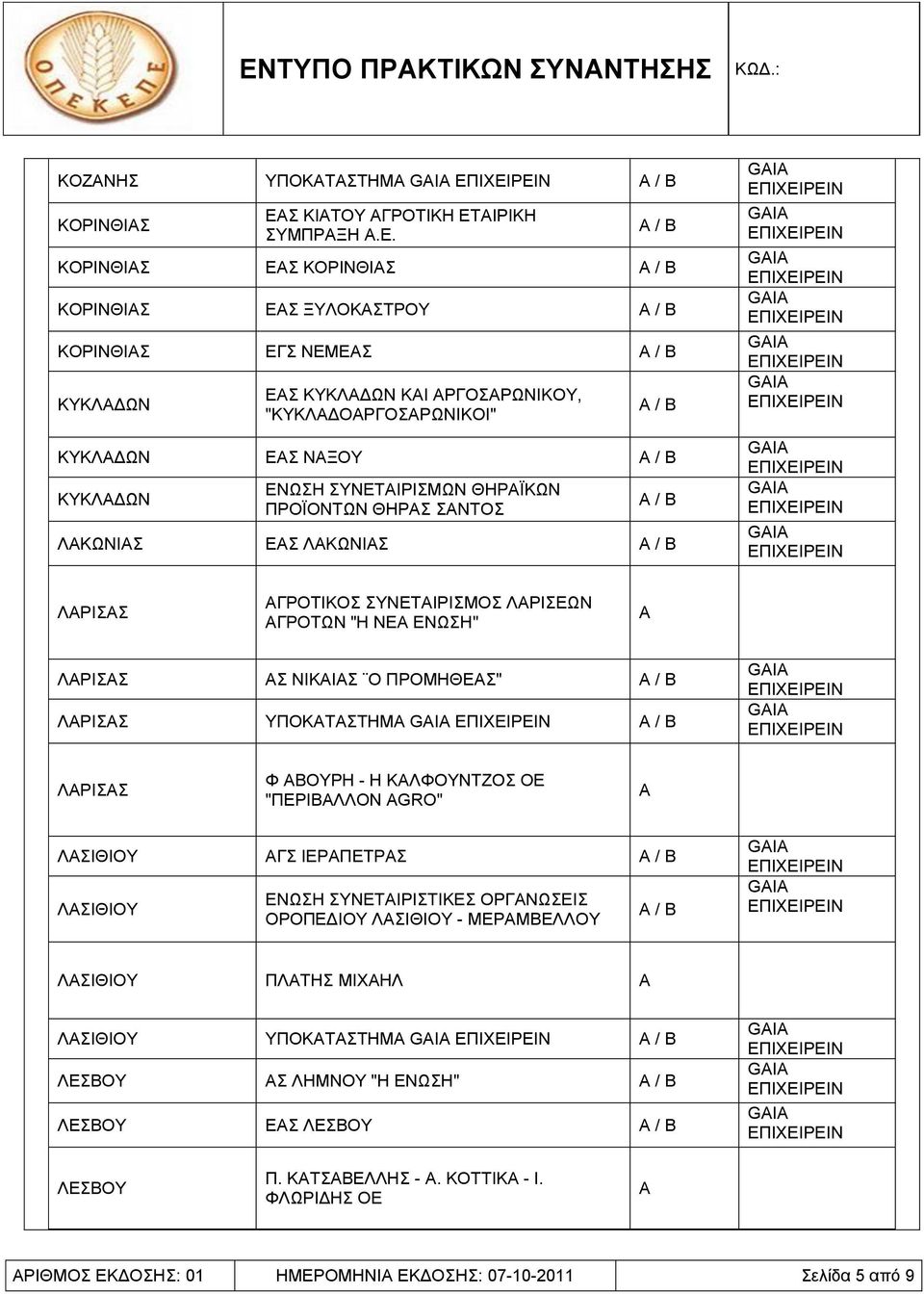 ΛΡΙΣΣ Σ ΝΙΚΙΣ Ο ΠΡΟΜΗΘΕΣ" ΛΡΙΣΣ ΥΠΟΚΤΣΤΗΜ ΛΡΙΣΣ Φ ΒΟΥΡΗ - Η ΚΛΦΟΥΝΤΖΟΣ ΟΕ "ΠΕΡΙΒΛΛΟΝ AGRO" ΛΣΙΘΙΟΥ ΓΣ ΙΕΡΠΕΤΡΣ ΛΣΙΘΙΟΥ ΕΝΩΣΗ ΣΥΝΕΤΙΡΙΣΤΙΚΕΣ ΟΡΓΝΩΣΕΙΣ ΟΡΟΠΕΔΙΟΥ ΛΣΙΘΙΟΥ - ΜΕΡΜΒΕΛΛΟΥ