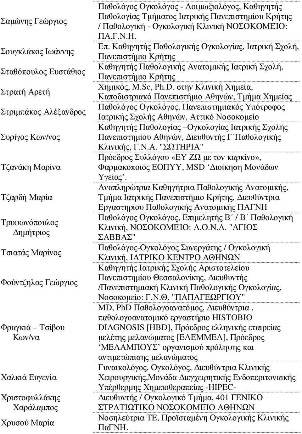 Κλινική ΝΟΣΟΚΟΜΕΊΟ: ΠΑ.Γ.Ν.Η. Επ. Καθηγητής Παθολογικής Ογκολογίας, Ιατρική Σχολή, Πανεπιστήµιο Κρήτης Καθηγητής Παθολογικής Ανατοµικής Ιατρική Σχολή, Πανεπιστήµιο Κρήτης Χηµικός, M.Sc, Ph.D.