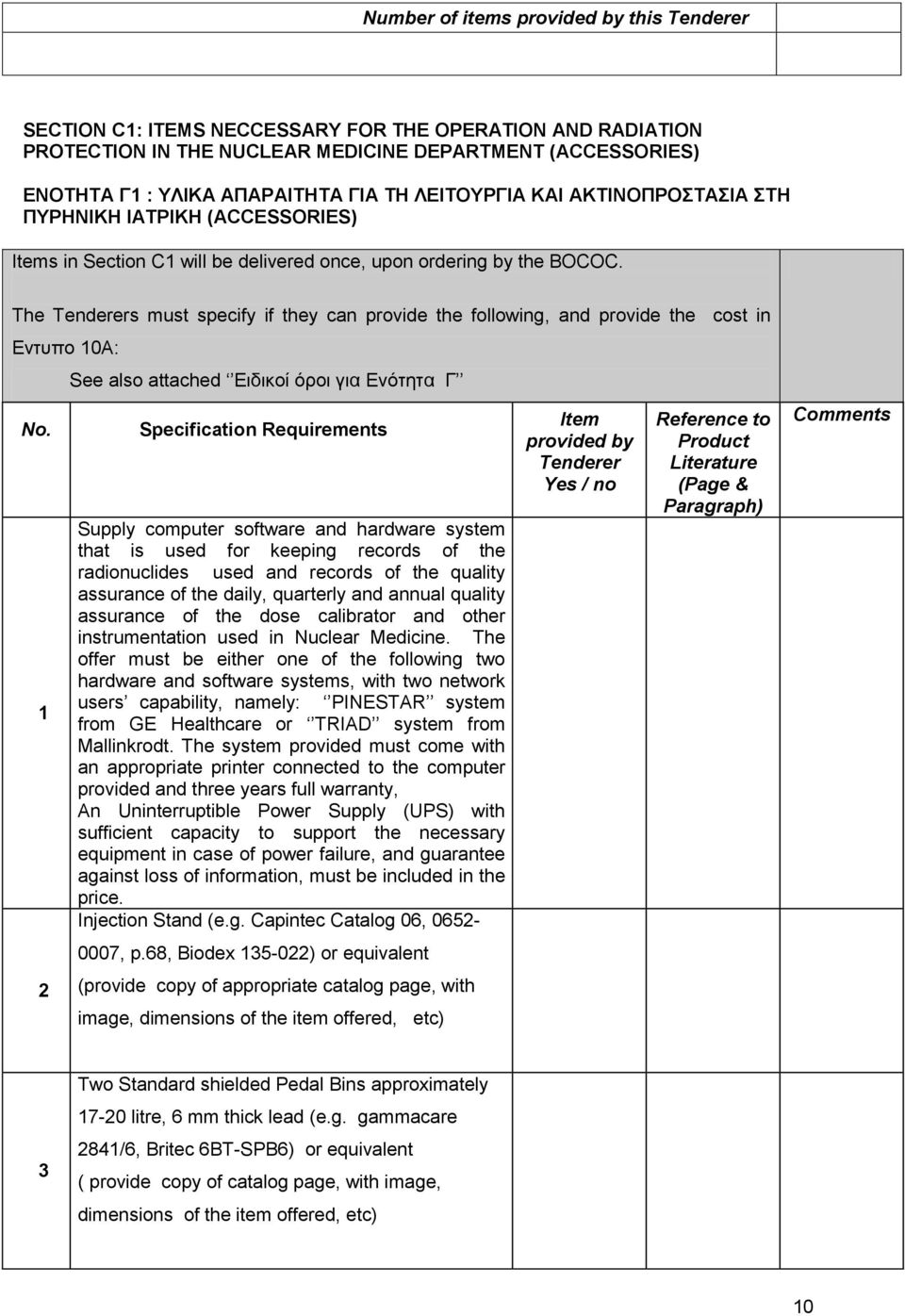 The Tenderers must specify if they can provide the following, and provide the cost in Εντυπο 10A: No.