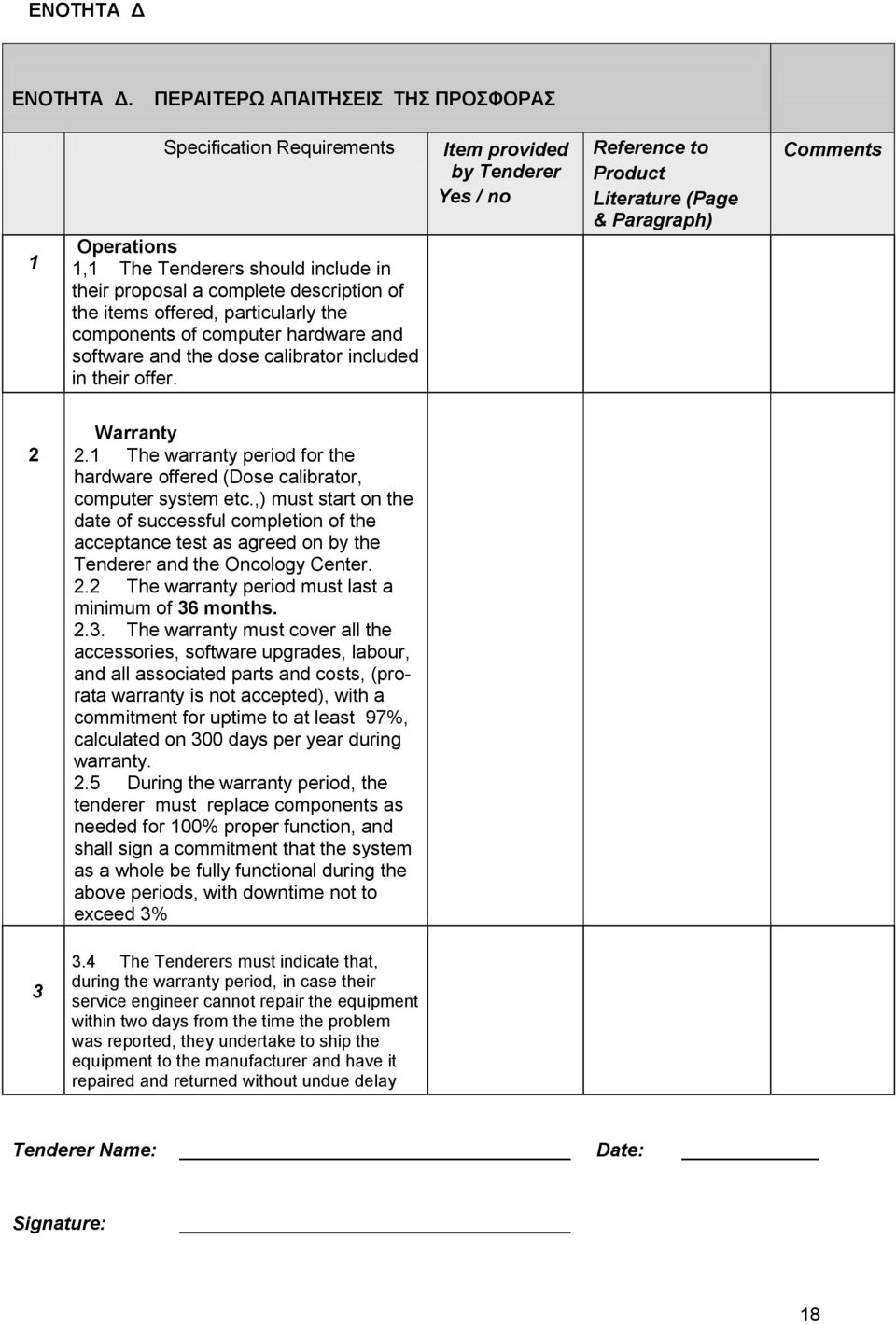 software and the dose calibrator included in their offer. Item provided by Tenderer Reference to Product Literature (Page & Paragraph) 2 Warranty 2.