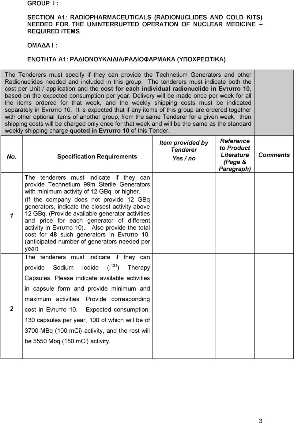 The tenderers must indicate both the cost per Unit / application and the cost for each individual radionuclide in Eντυπο 10, based on the expected consumption per year.