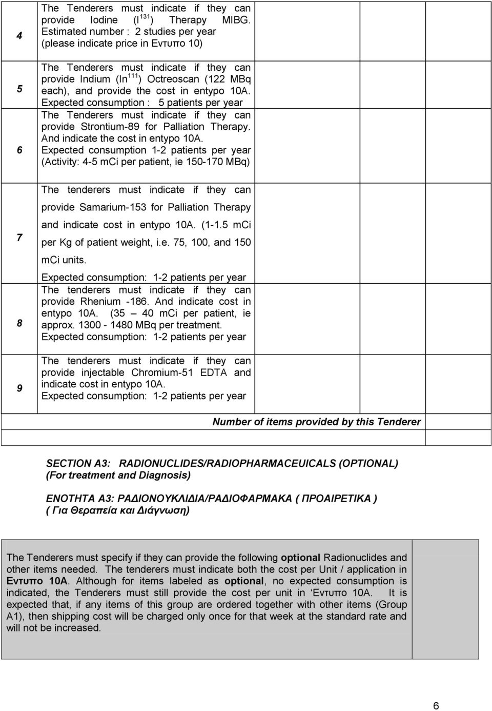 10A. Expected consumption : 5 patients per year The Tenderers must indicate if they can provide Strontium-89 for Palliation Therapy. And indicate the cost in entypo 10A.