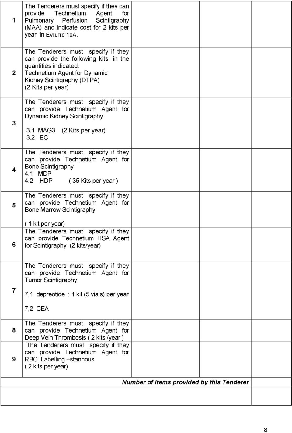 they can provide Technetium Agent for Dynamic Kidney Scintigraphy 3.1 MAG3 (2 Kits per year) 3.2 EC The Tenderers must specify if they can provide Technetium Agent for Bone Scintigraphy 4.1 MDP 4.