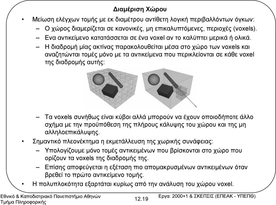 Ηδιαδροµή µίας ακτίνας παρακολουθείται µέσα στο χώρο των voxels και αναζητώνται τοµές µόνο µε τααντικείµενα που περικλείονται σε κάθε voxel της διαδροµής αυτής: Τα voxels συνήθως είναι κύβοι αλλά