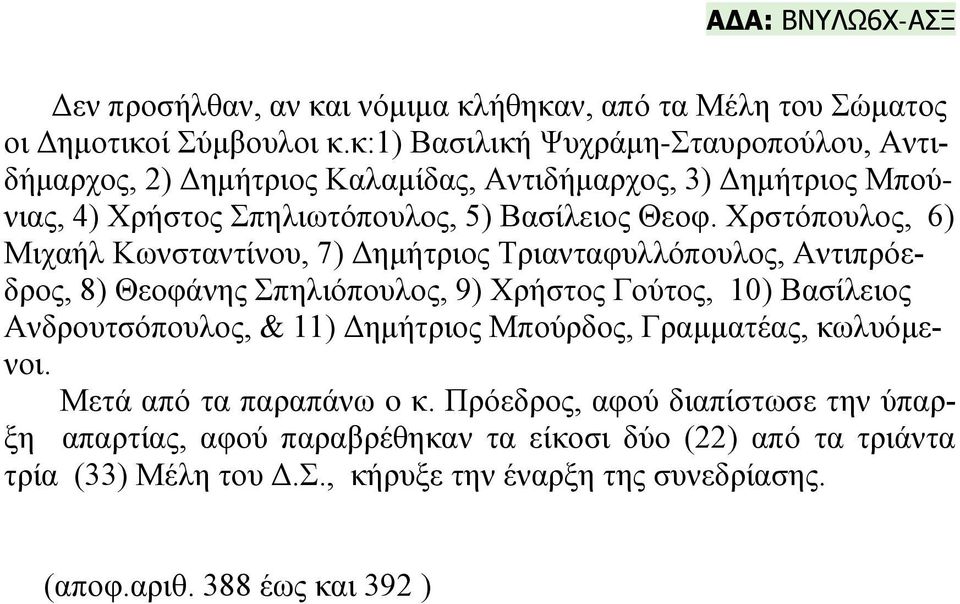 Χρστόπουλος, 6) Μιχαήλ Κωνσταντίνου, 7) Δημήτριος Τριανταφυλλόπουλος, Αντιπρόεδρος, 8) Θεοφάνης Σπηλιόπουλος, 9) Χρήστος Γούτος, 10) Βασίλειος Ανδρουτσόπουλος, & 11)