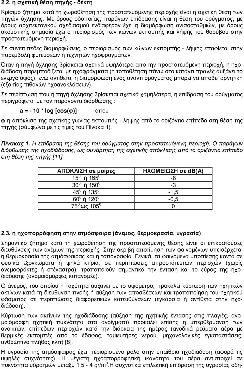 κώνων εκπομπής και λήψης του θορύβου στην προστατευόμενη περιοχή. Σε συνεπίπεδες διαμορφώσεις, ο περιορισμός των κώνων εκπομπής - λήψης επαφίεται στην παρεμβολή φυτεύσεων ή τεχνητών ηχοφραγμάτων.