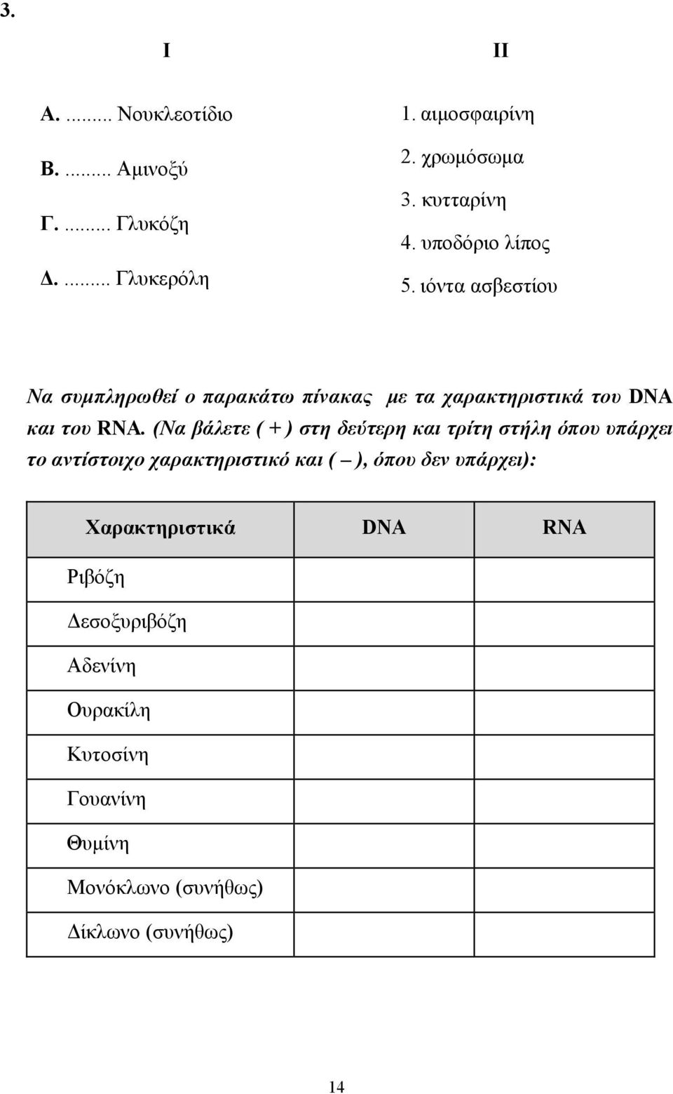 (Να βάλετε ( + ) στη δεύτερη και τρίτη στήλη όπου υπάρχει το αντίστοιχο χαρακτηριστικό και ( ), όπου δεν υπάρχει):