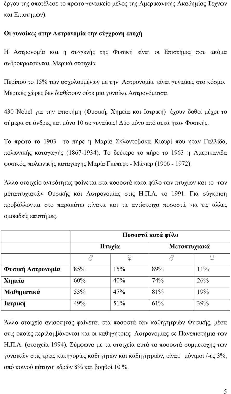 Μερικά στοιχεία Περίπου το 15% των ασχολουµένων µε την Αστρονοµία είναι γυναίκες στο κόσµο. Μερικές χώρες δεν διαθέτουν ούτε µια γυναίκα Αστρονόµισσα.