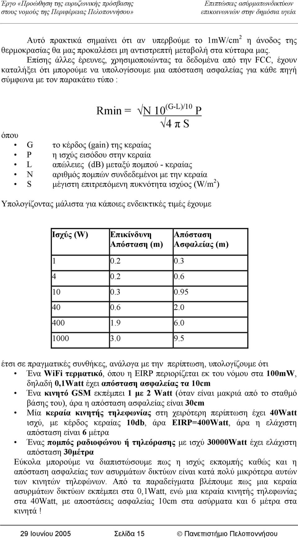 4 π S όπου G το κέρδος (gain) της κεραίας P η ισχύς εισόδου στην κεραία L απώλειες (db) μεταξύ πομπού - κεραίας N αριθμός πομπών συνδεδεμένοι με την κεραία S μέγιστη επιτρεπόμενη πυκνότητα ισχύος