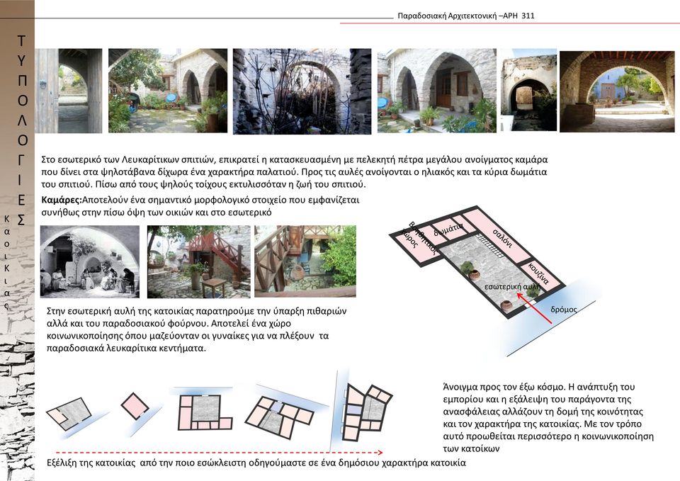 Καμάρες:Αποτελούν ένα σημαντικό μορφολογικό στοιχείο που εμφανίζεται συνήθως στην πίσω όψη των οικιών και στο εσωτερικό Στην εσωτερική αυλή της κατοικίας παρατηρούμε την ύπαρξη πιθαριών αλλά και του
